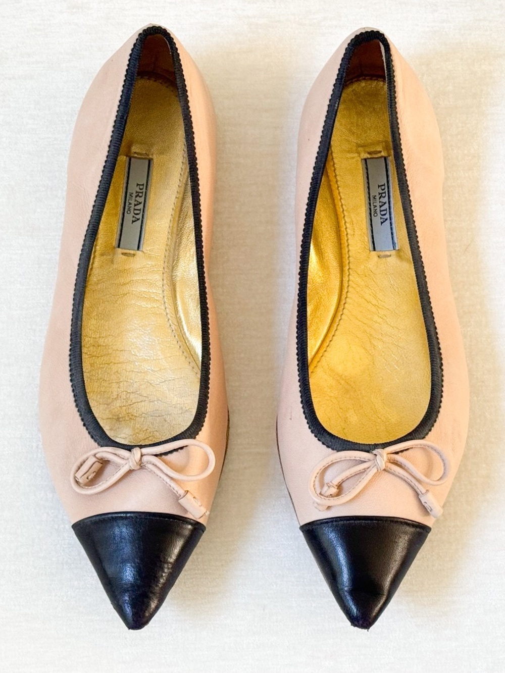 Prada Blush Nude Leather Black Cap Toe Bow Ballet Flats 37.5 Italy